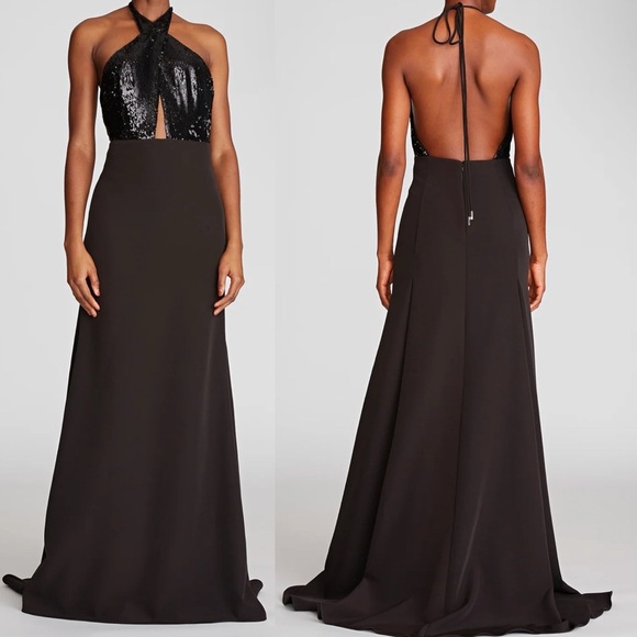 Halston | Lacey Gown | Crepe & Sequin Halter Dress | Women’s 12 - Picture 1 of 7